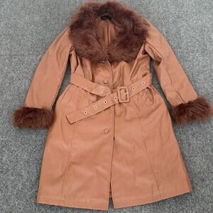 Vintage 90s Y2k Delia's Faux Brown Leather Fur Belted Long Coat‎ Jacket L